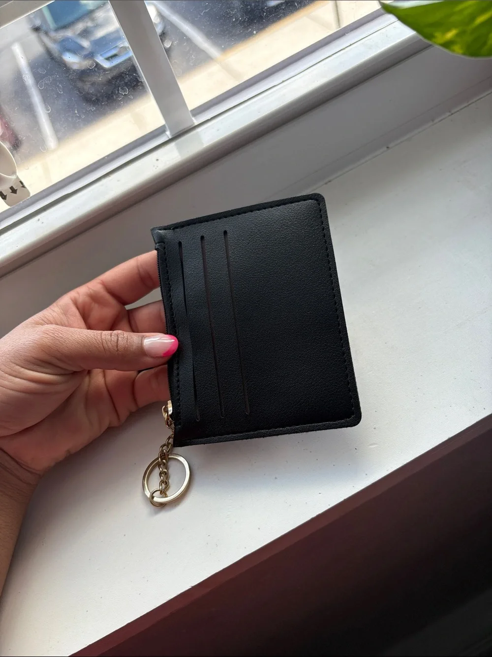 Classic Black Leather Card Holder with Gold Keychain